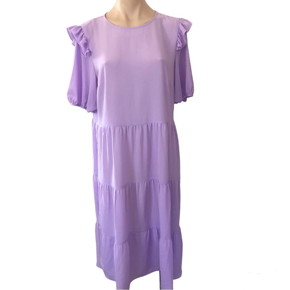 🌿 DIVIDED 🌿 womans tiered midi dress purple lightweight size L - Picture 1 of 9